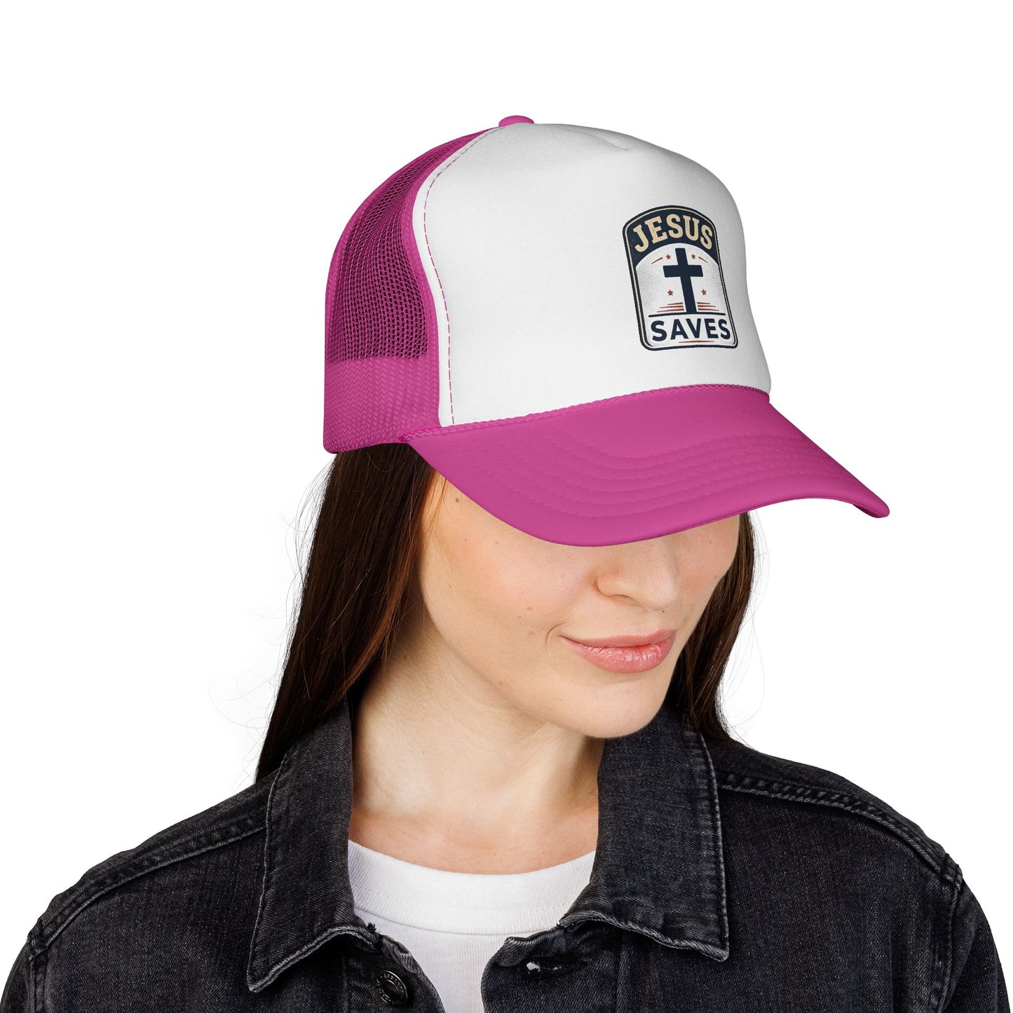 Jesus Saves Trucker Cap – Christian Mesh Hat with Cross Patch