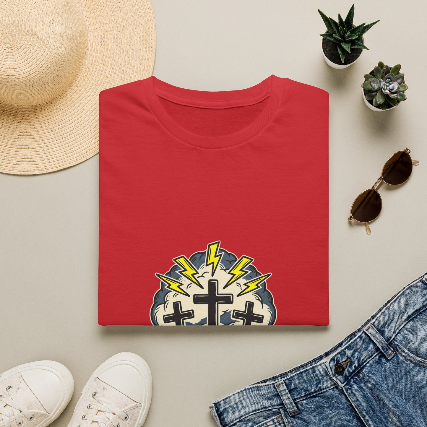 Redeemed Crosses T-Shirt | Lightning Rays Christian Faith Tee