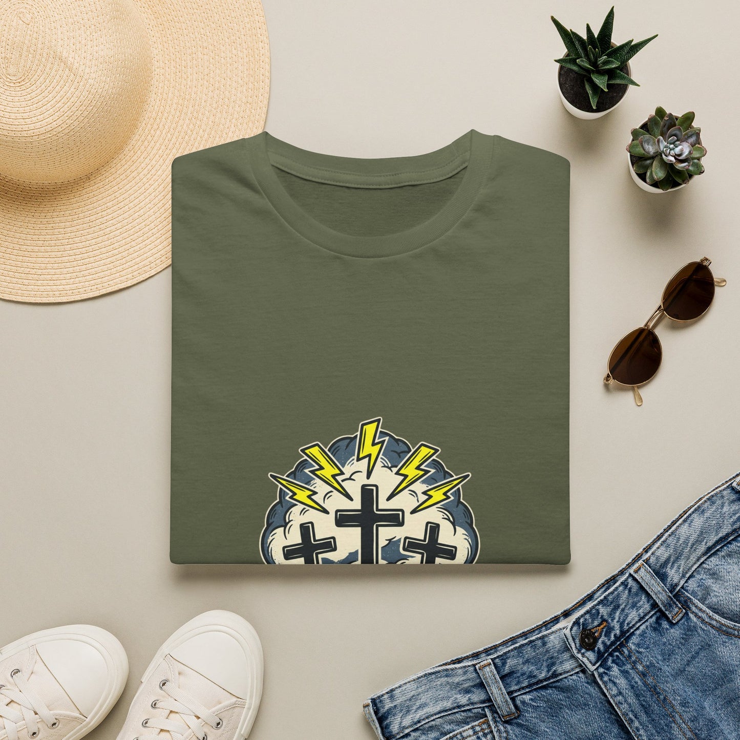 Redeemed Crosses T-Shirt | Lightning Rays Christian Faith Tee