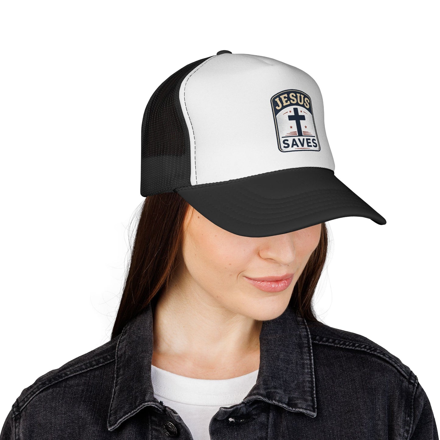 Jesus Saves Trucker Cap – Christian Mesh Hat with Cross Patch