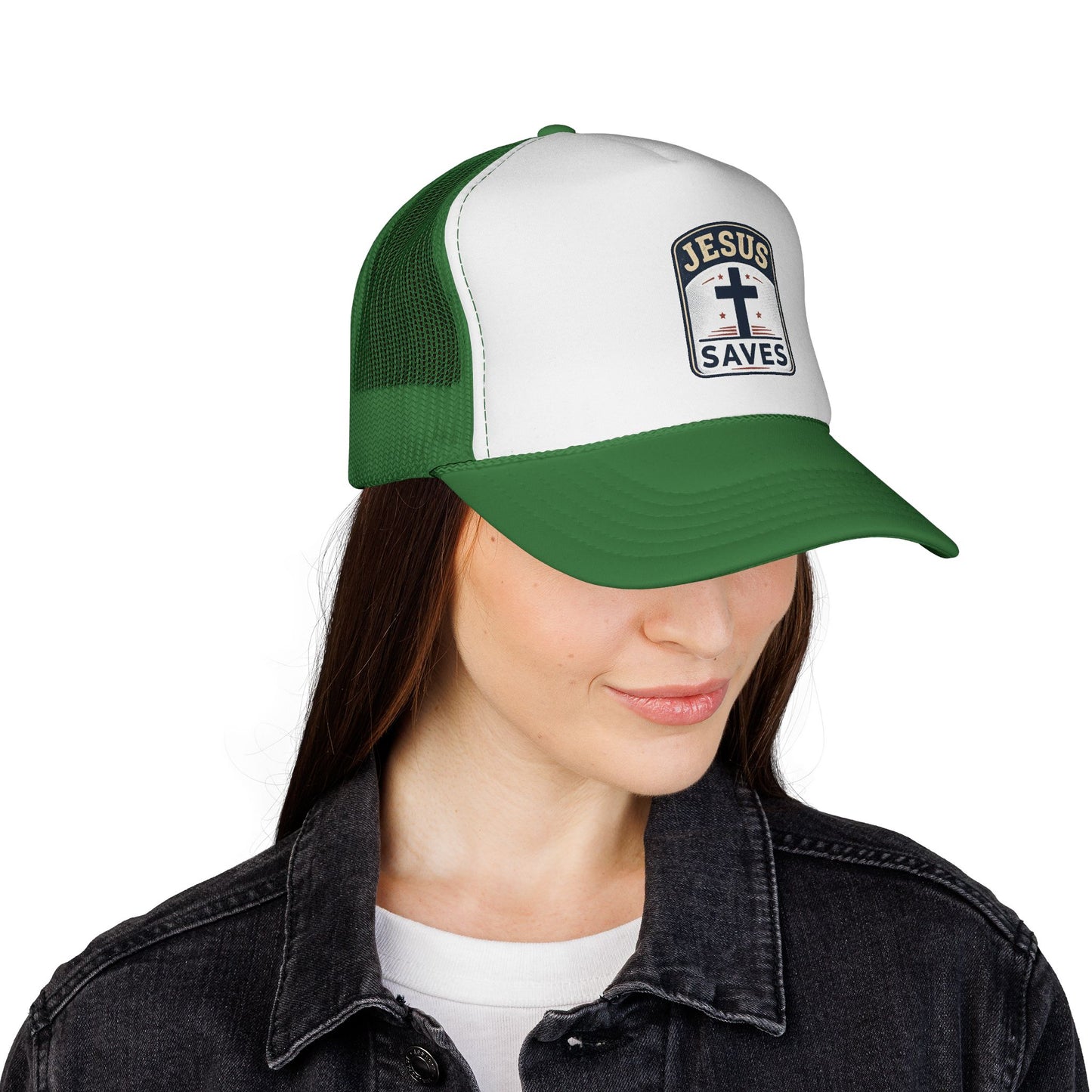 Jesus Saves Trucker Cap – Christian Mesh Hat with Cross Patch
