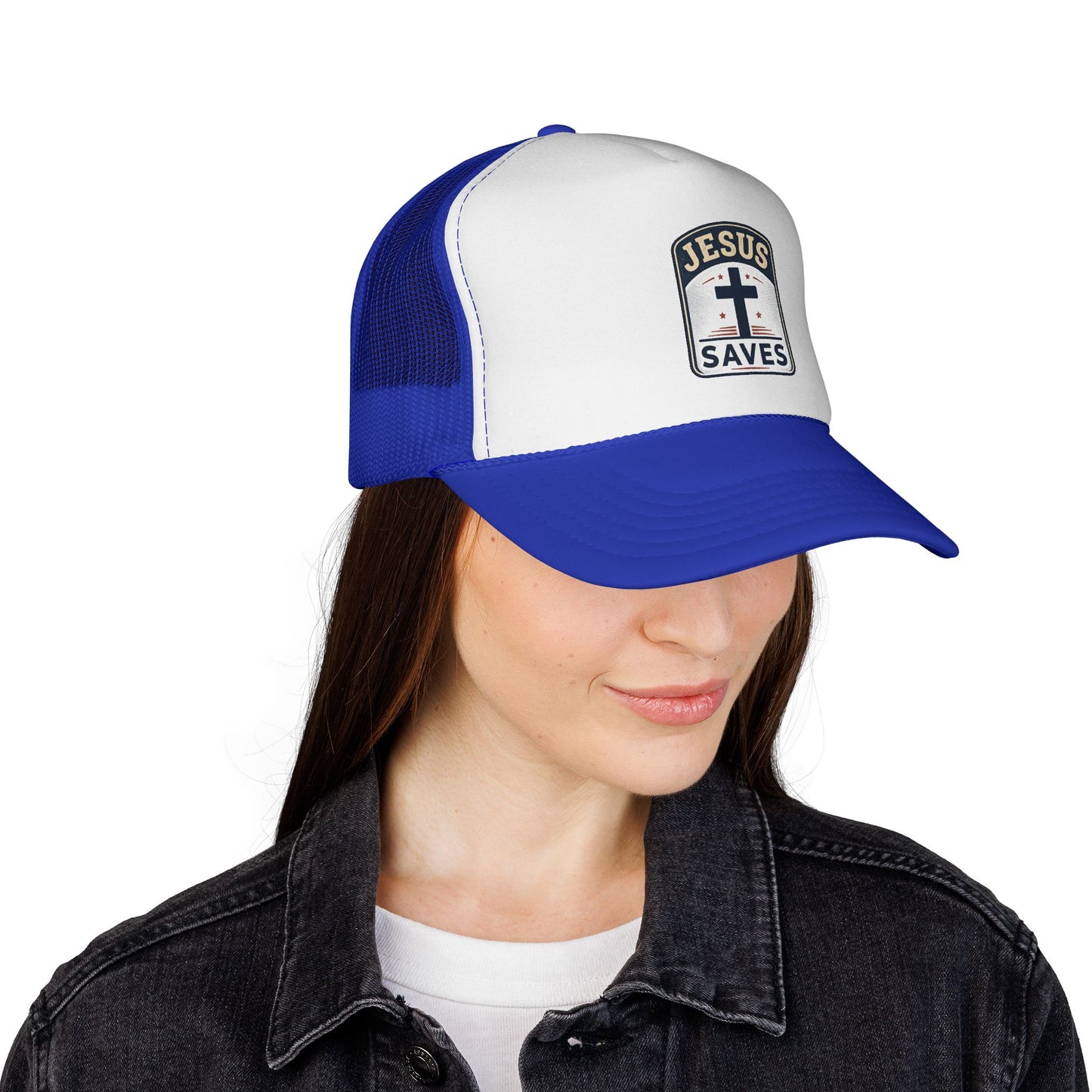 Jesus Saves Trucker Cap – Christian Mesh Hat with Cross Patch