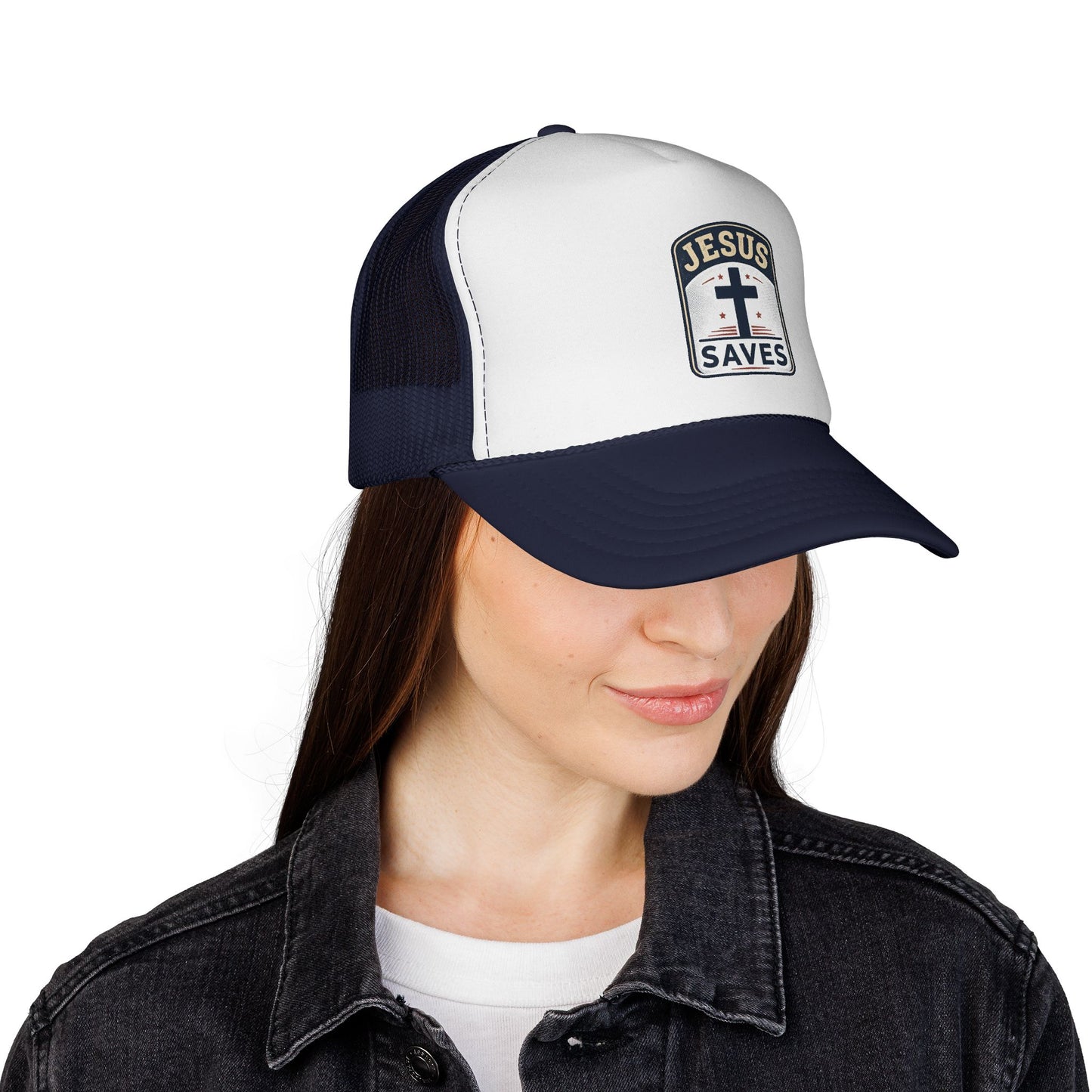 Jesus Saves Trucker Cap – Christian Mesh Hat with Cross Patch