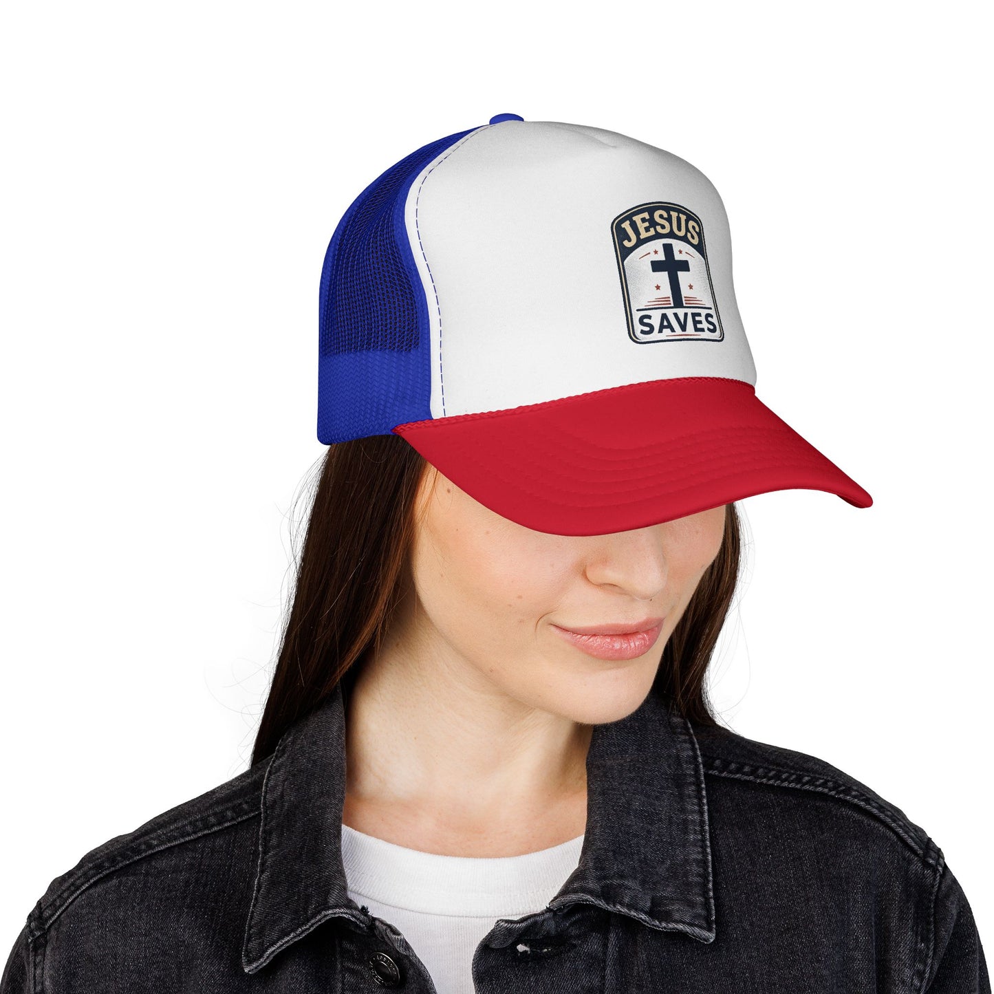 Jesus Saves Trucker Cap – Christian Mesh Hat with Cross Patch