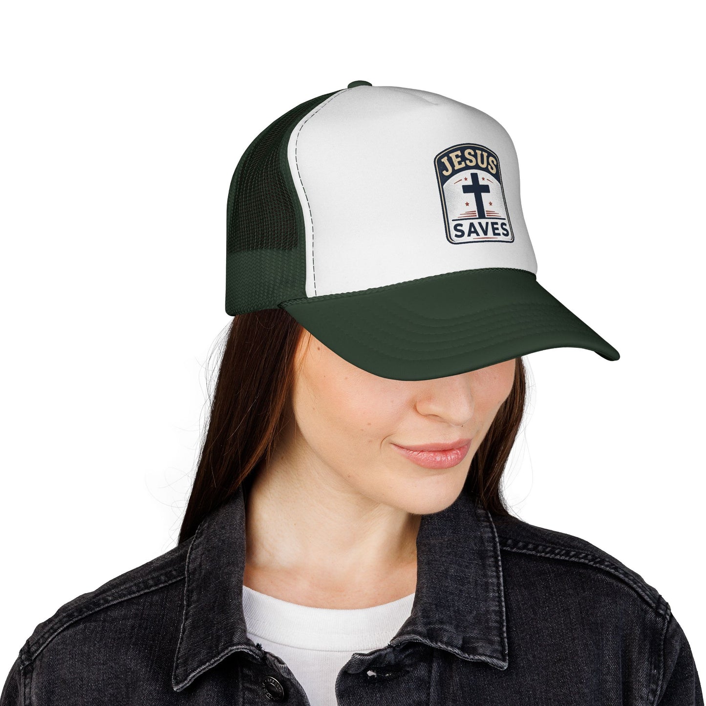 Jesus Saves Trucker Cap – Christian Mesh Hat with Cross Patch